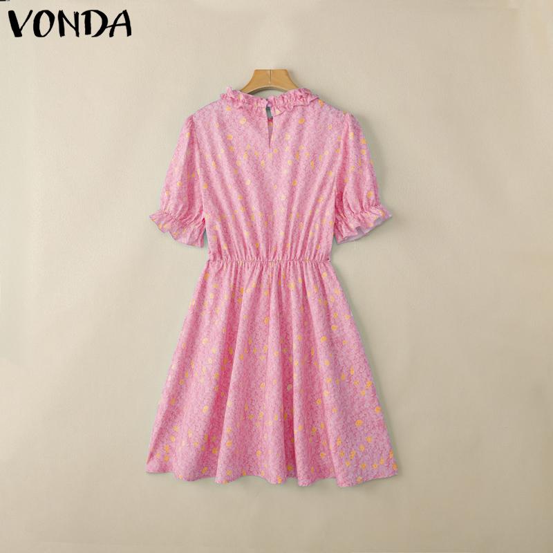 VONDA Женский летний сарафан с оборками и воротником-стойкой, коротким рукавом и цветочным принтом, повседневный, приталенный