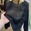 Solid Color Round Neck Long Sleeve Hollow Knitted Mesh Shirt Women's Summer Sexy Pure Desire Overcoat Thin Top with Suspenders
