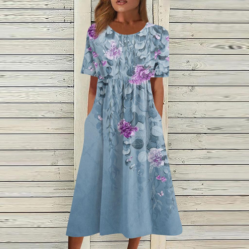 Women's Casual Dresses Printed Dresses Summer Dresses Printed Pleated Round Neck Midi Dresses Basic Classic Outdoor Daily Short Sleeve Loose Dresses