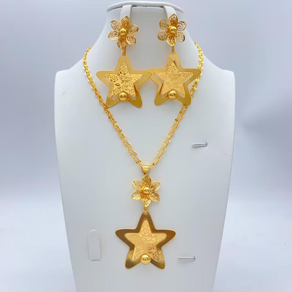 Dubai Copper Alloy Set Niche Women's 24K Pentagram Pendant Necklace Earrings Wedding Party African Jewelry 2026