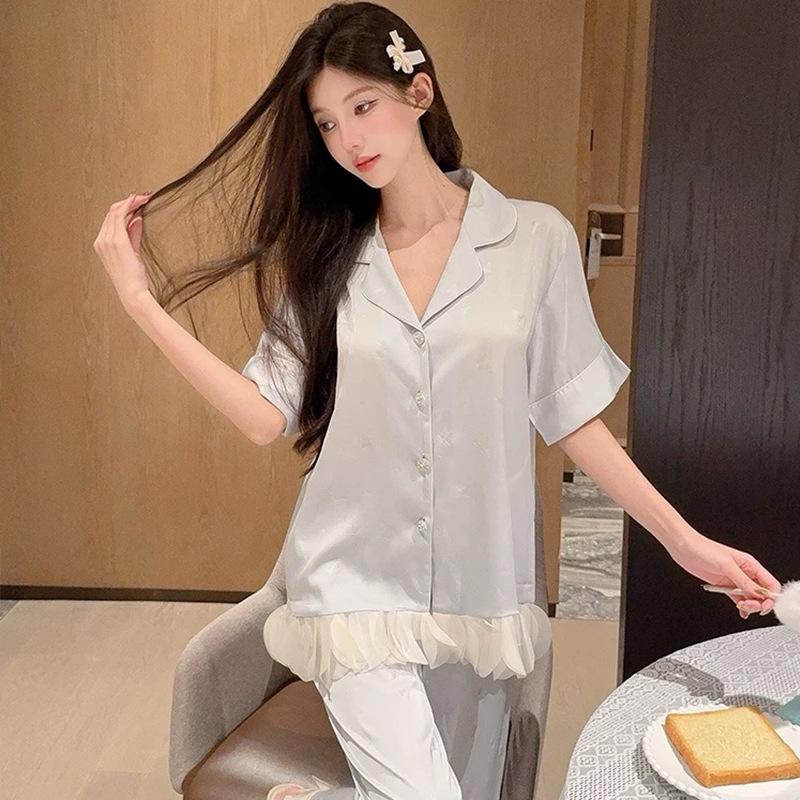Factory goods 1011 ice silk pajamas women's spring thin short-sleeved Douyin live broadcast fashion printing set Internet celebrity