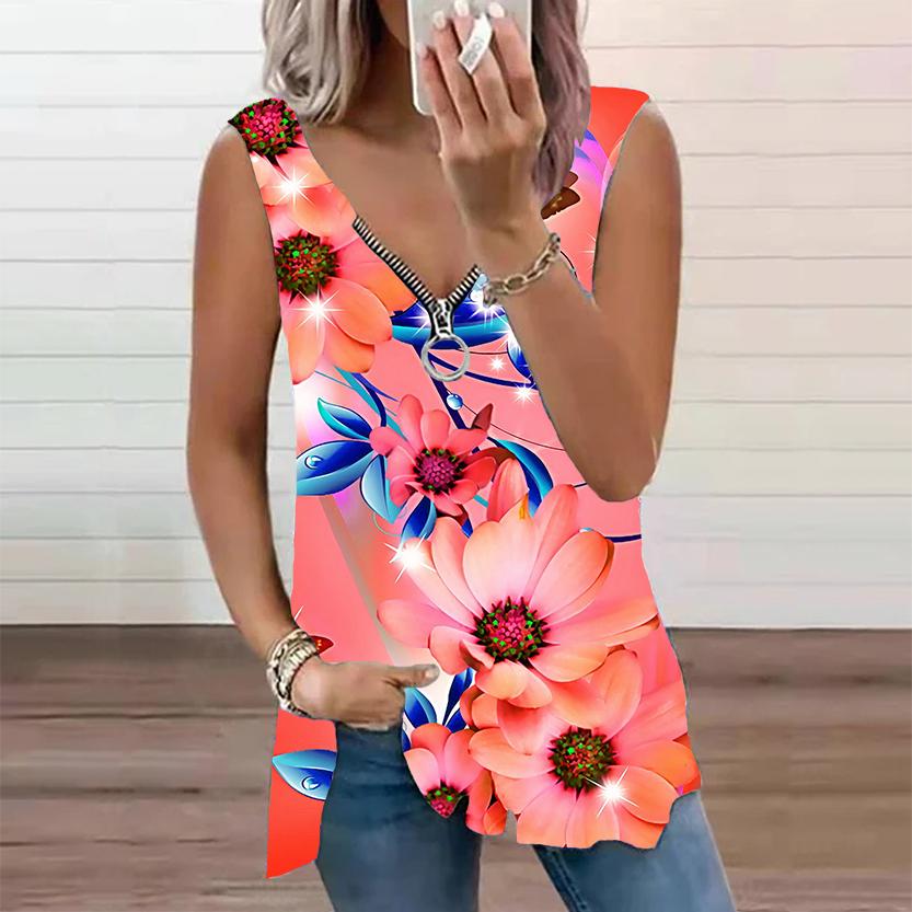 Женский топ, летняя новая мода, повседневный топ с принтом солнечных цветов, большие размеры, без рукавов, на молнии, с v-образным вырезом, майка