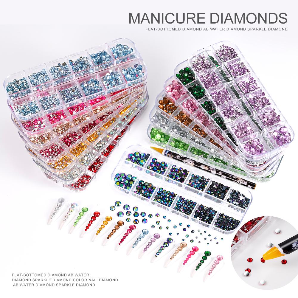 2pcs/Set Nail Art Rhinestones Kit 12Grids Flatback Crystal Clear AB Drills With Pen DIY Manicure Nail Art Decoration Accessories