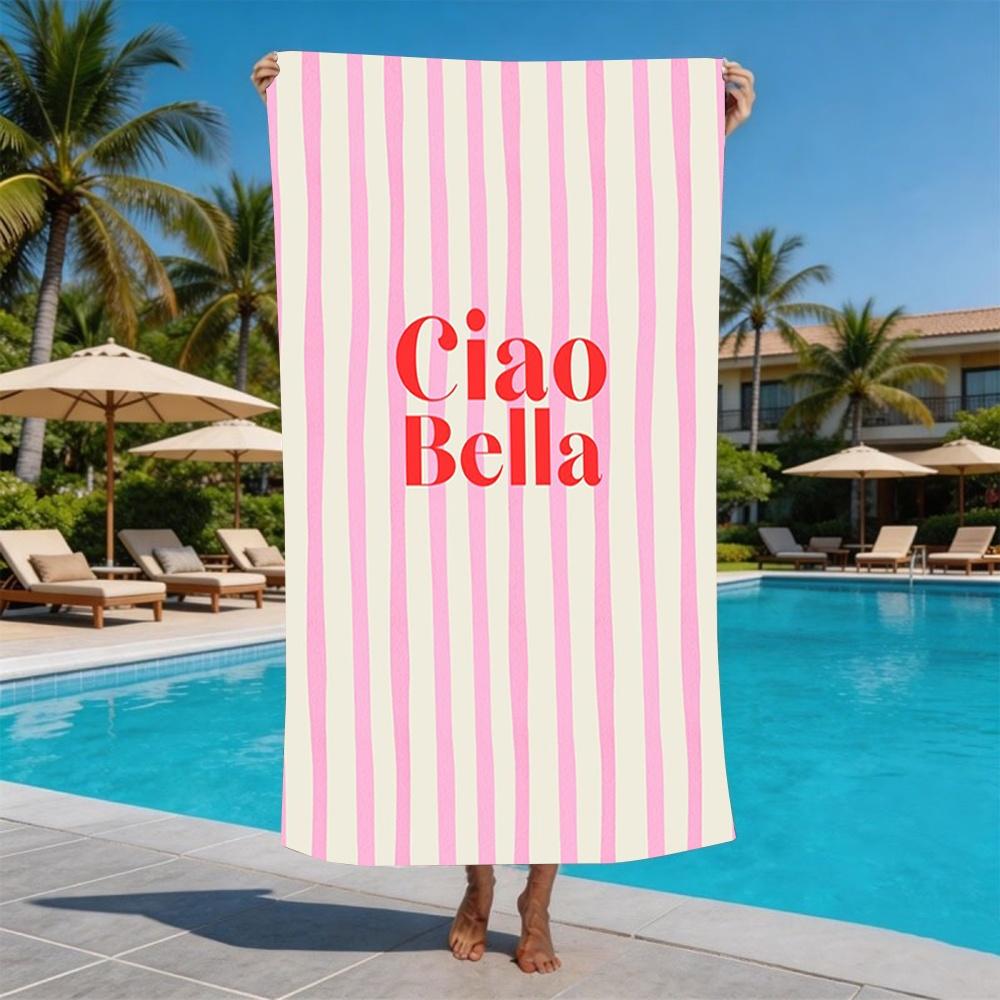 Полосатое пляжное полотенце с принтом "Ciao Bella" Дизайн с итальянской фразой Полотенце для мужчин и женщин Идеально для летних поездок на пляж Активный отдых