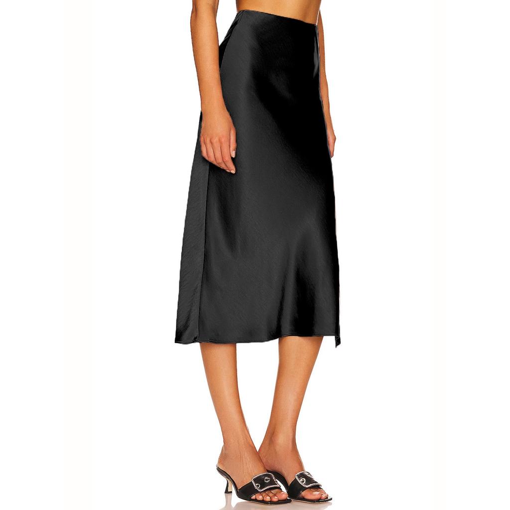 Women's High-Quality Satin Half Skirt With Elastic High Waist Solid Color Split Mid Length Skirt