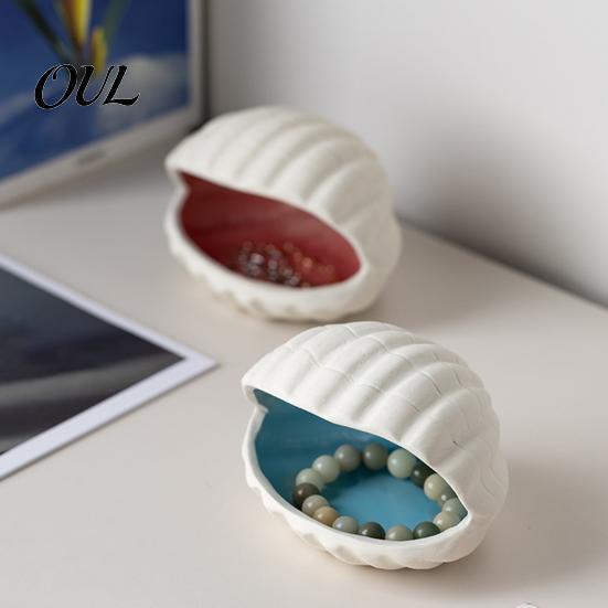 Decorative Vanity Tray Ocean Theme Ceramic Jewelry for Rings Earrings Necklaces, Necklace Display Plate Shell/Conch Trinket Dish, Creative Desktop