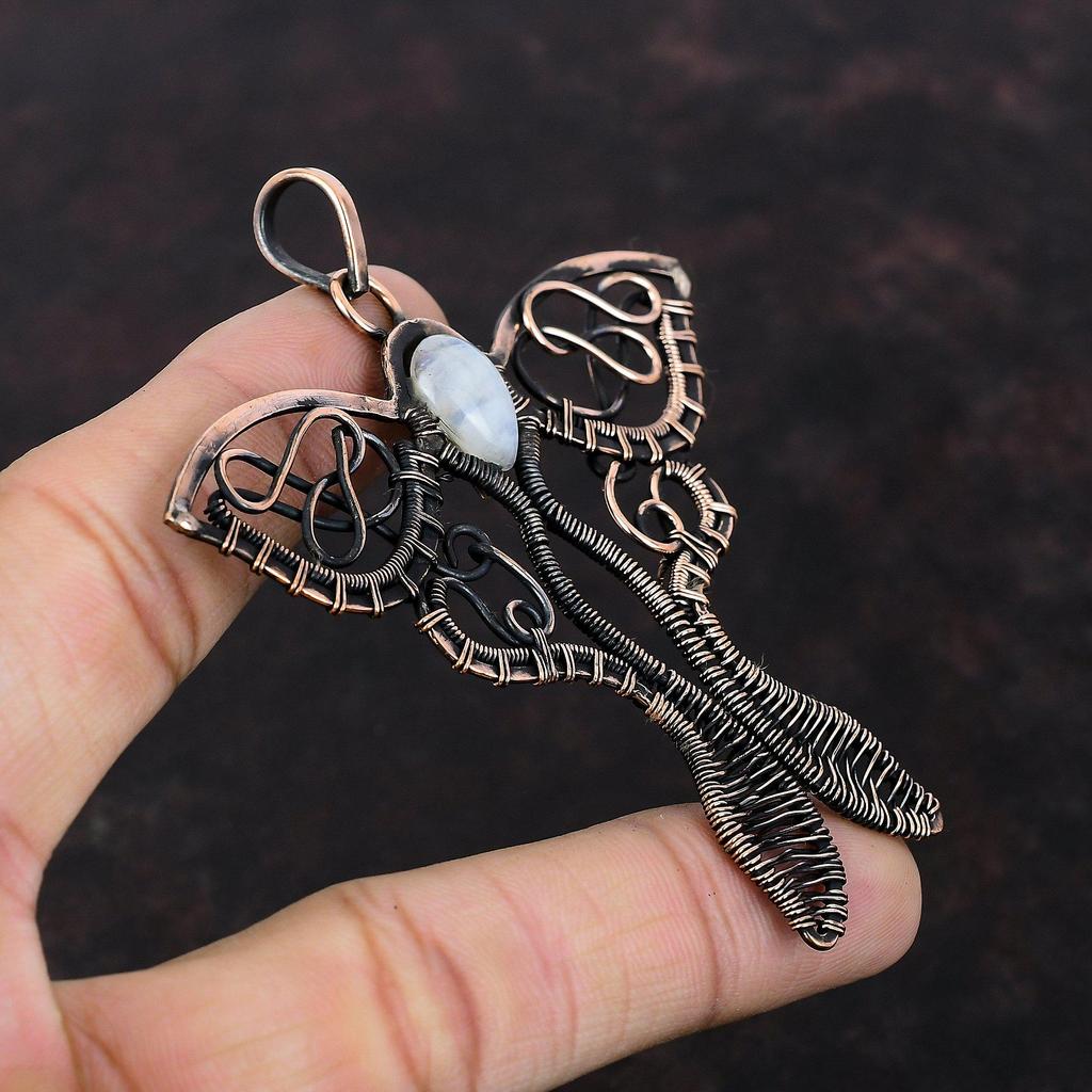Подвеска Rainbow Moonstone, подвеска из медной проволоки, ювелирное изделие ручной работы, подвеска-бабочка, уникальное медное ювелирное изделие, подвеска из драгоценного камня, подарок для мамы