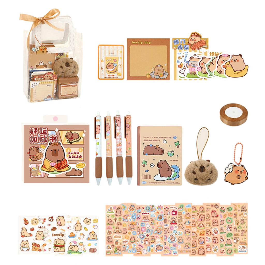 Канцелярские принадлежности для школы и студенчества включают в себя блокнот, бумагу для заметок, шариковую ручку, закладки, пенал, наклейку, линейку, брелок