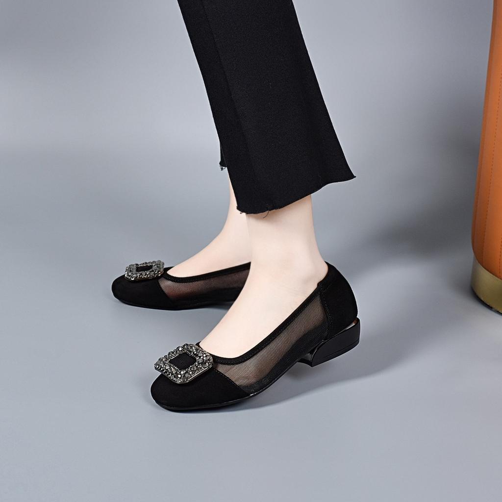 Сетчатые туфли-лодочки женские с круглым носком черные квадратная пряжка стразы на одной педали сетчатые туфли удобные с мелким вырезом туфли на плоской подошве