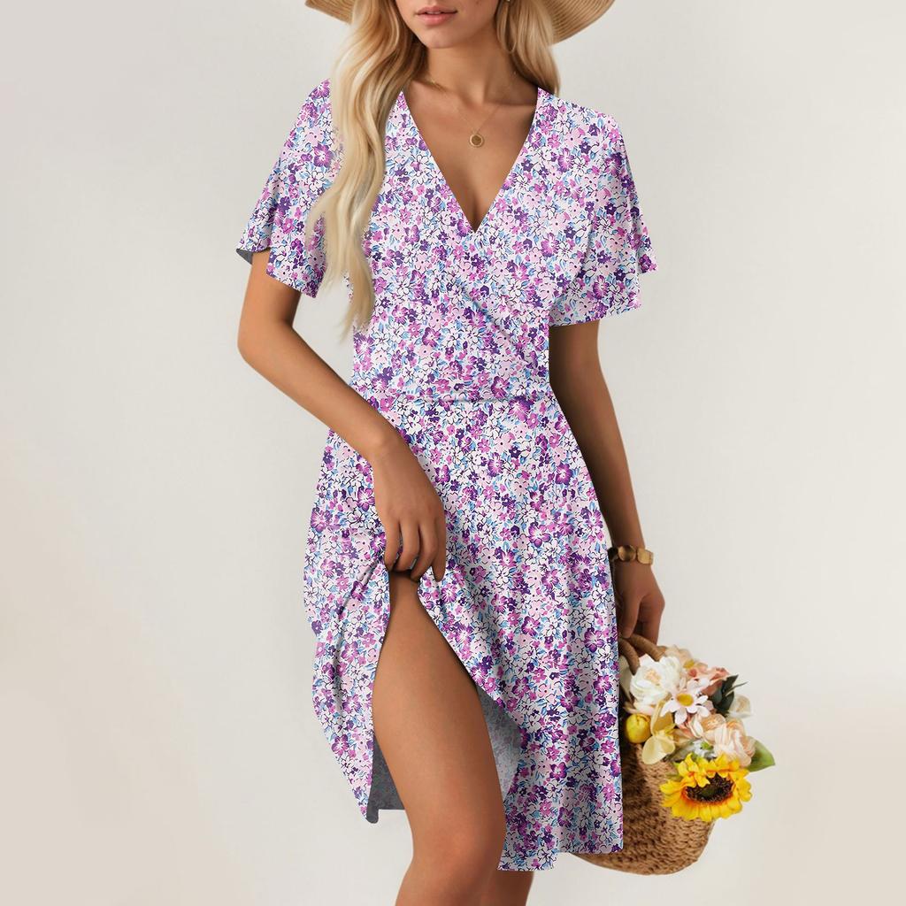 Women's Summer Dress Loose Beach Vacation Casual Deep V Neck Vest Dress Elegant Shirt Dress