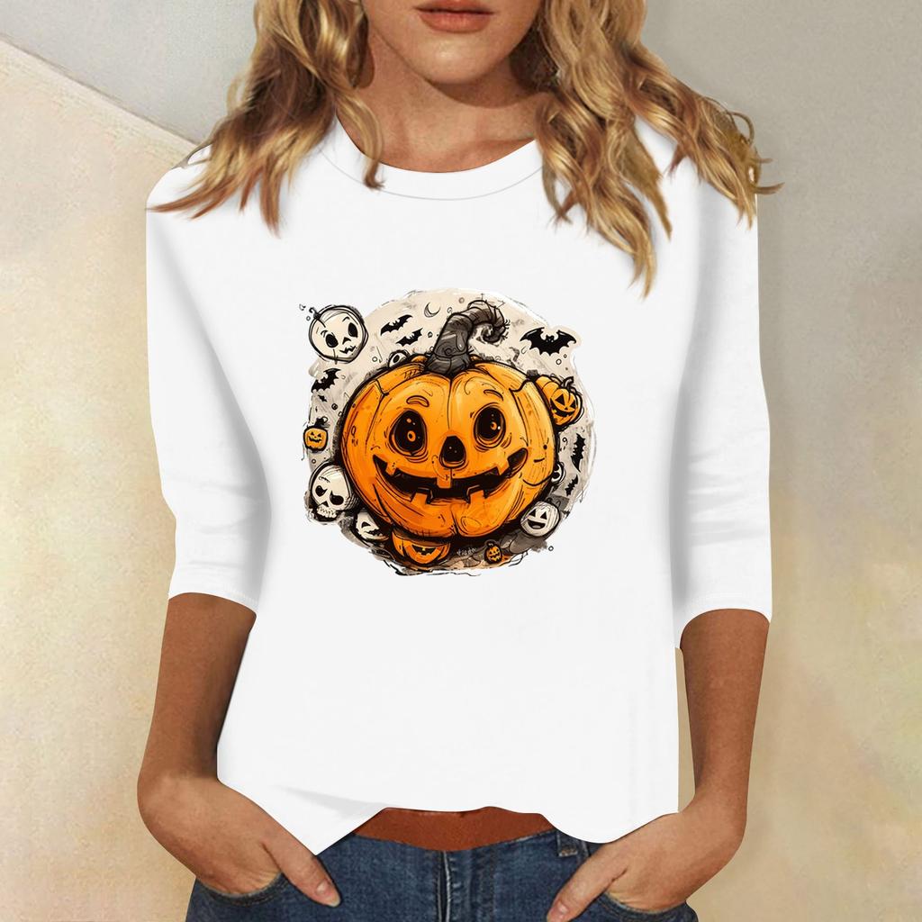 Women's Fashion Casual Three-quarter Sleeve Halloween Printed Round Neck Top