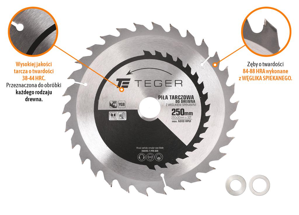 TEGER 250x30 30T carbide-tipped saw blade - for wood, ATB, 1.7 , 6000 rpm