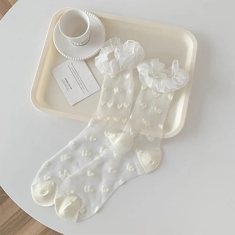 Носки из шёлка с кристаллами и принтом в виде сердца, милые носки для девочек в стиле кавайи с оборками, женские летние ультратонкие прозрачные эластичные длинные носки в горошек