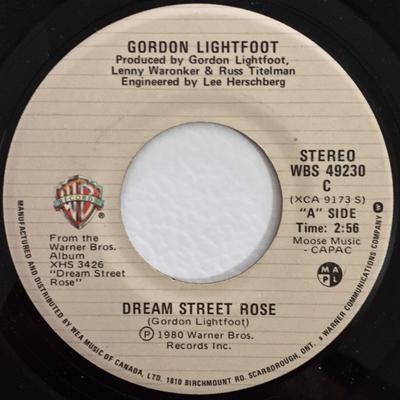 7-дюймовая пластинка GORDON LIGHTFOOT - Dream Street Rose WBS49230 Warner Bros. Ре 1980 Канада Рок Б/У