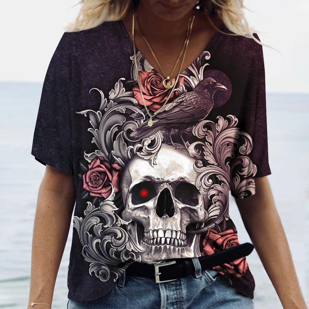 Flower Skull Pattern 3D Digital Print Women's Comfortable V-neck Short Sleeved T-shirt
