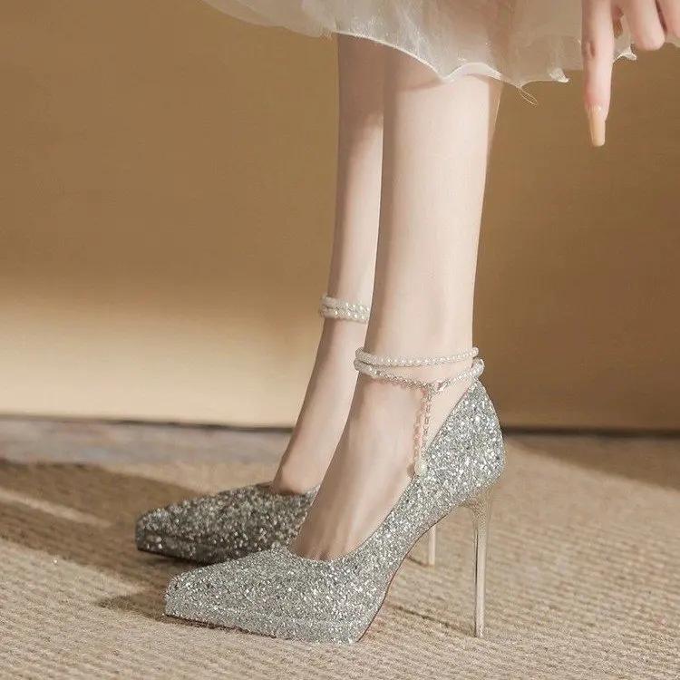 Fashion Women New Wedding Crystal Sequins Pumps Women Party Wedding Bling Glitter High Heels Shoes Ladies High Heels Pearl Chains Shoes