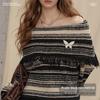 unifree Women's Off-Shoulder Striped Tassel Sweater