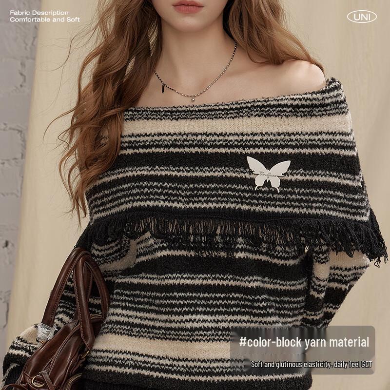unifree Women's Off-Shoulder Striped Tassel Sweater