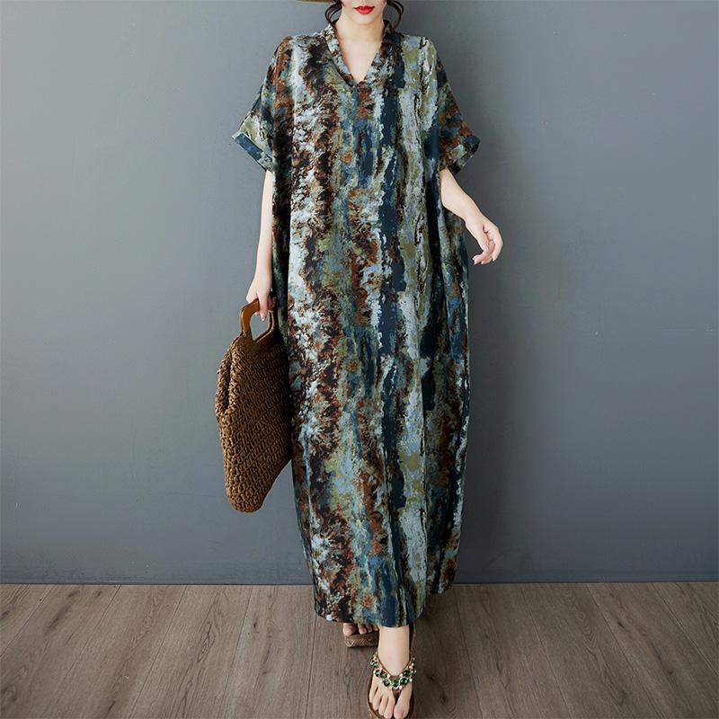 Dimanaf 2025 Лето Женщин Плюс Размер Свободное Платье Базовый Принт Короткий Рукав Платье Повседневное Платье Винтаж Макси