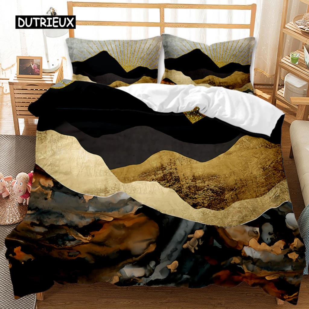 Комплект постельного белья из мрамора с черно-белой золотой абстрактной мраморной текстурой, напечатанный черно-белый двуспальный комплект постельного белья из полиэстера размера «king-size»
