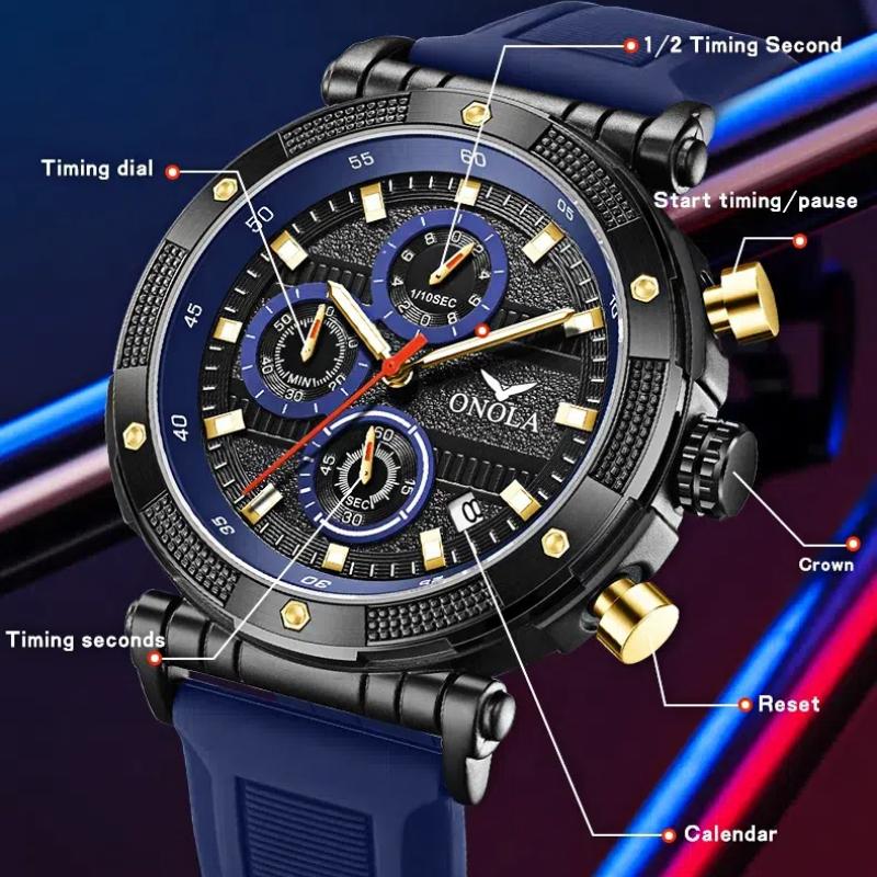Men's Three Eye Timing Calendar Dial Fashionable Multifunctional Quartz Wristwatch Waterproof Silicone Strap Luminous Student Sports Watch