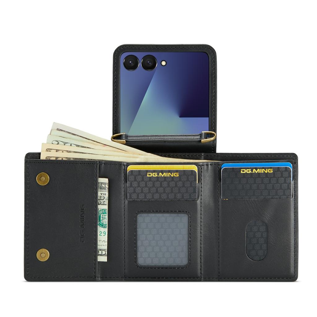 DG.MING M6 Series For Samsung Galaxy Z Flip7 5G Foldable Case PU+PC Phone Cover with Wallet/Shoulder Strap