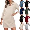 Womens Long Sleeve Lapel Collared V Neck Sweatshirt Dress Loose Fit Solid Color Dresses Fall