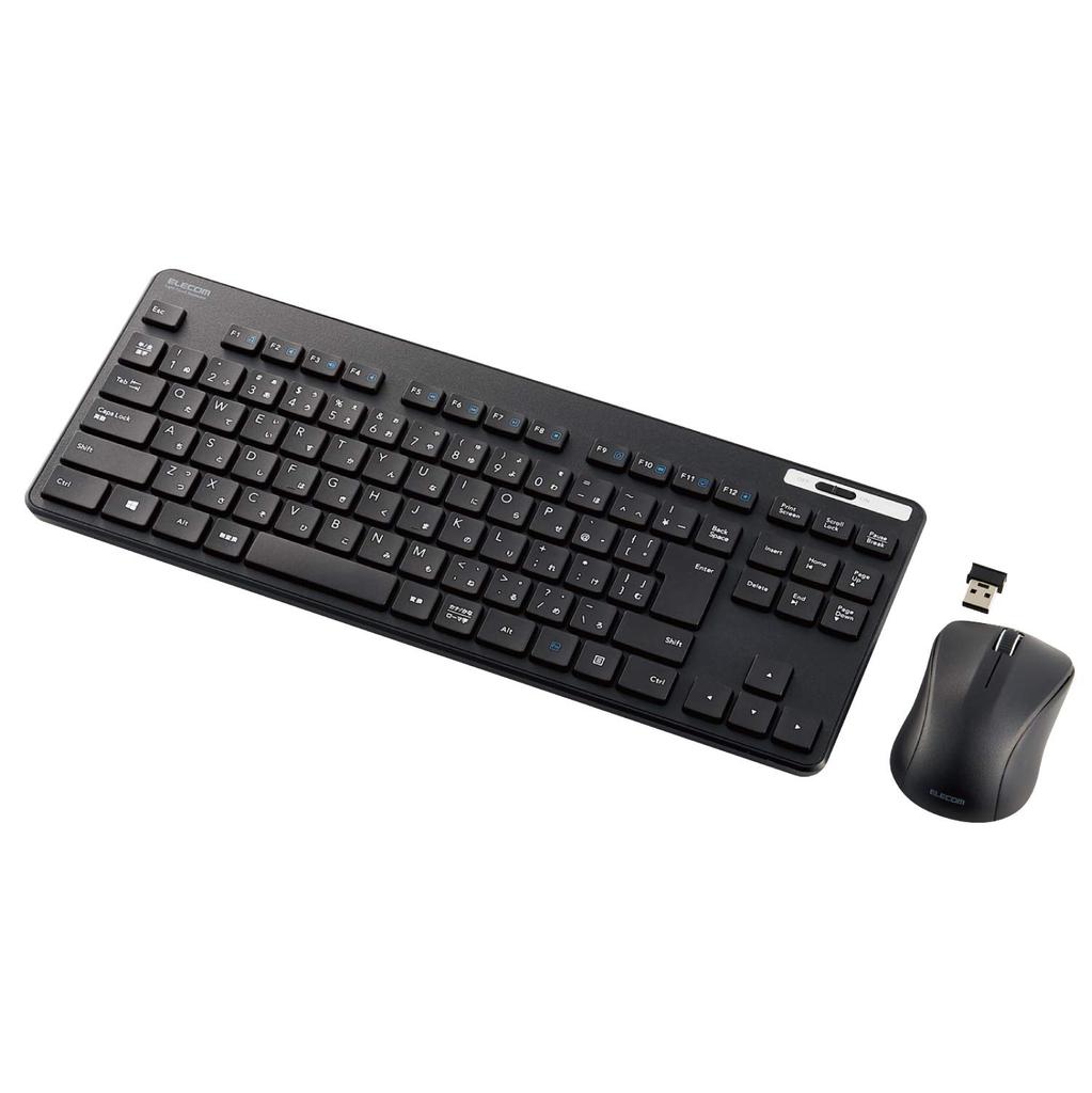 ELECOM Wireless Keyboard and Mouse Set TK-FDM109MKBK, Thin Membrane Type, Compact, Tenkeyless, Black