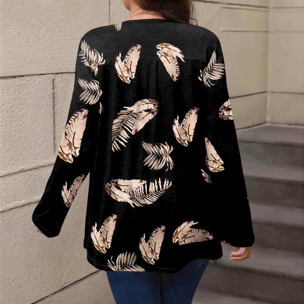Women's Plus Size Fashion Printed Casual Pleated Round Neck Long Sleeve Top