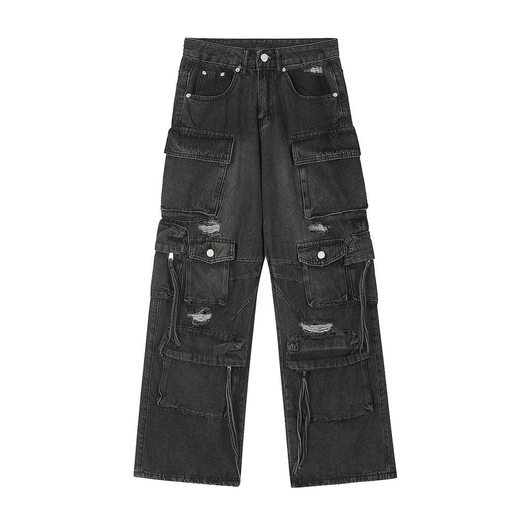 Men's Autumn American RO Wind Heavy Wash Multi-Pocket Jeans Wide Leg Pants