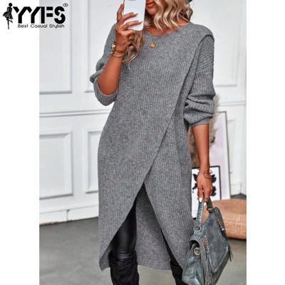 Женская мода весна осень однотонный принт длинный рукав О-образный вырез свободная талия повседневные платья