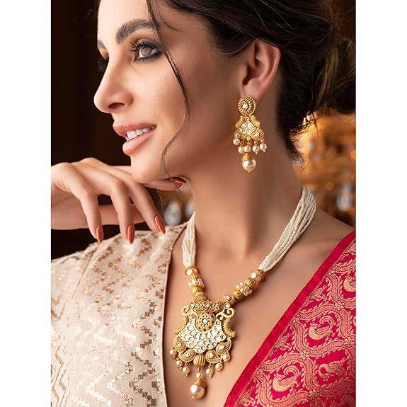 Gold-Plated Handcrafted Artificial Traditional Jewelry Set-Ruby/Kundan Stones & Pearl Beaded Multistrand with Matching Earrings For Women and Girls
