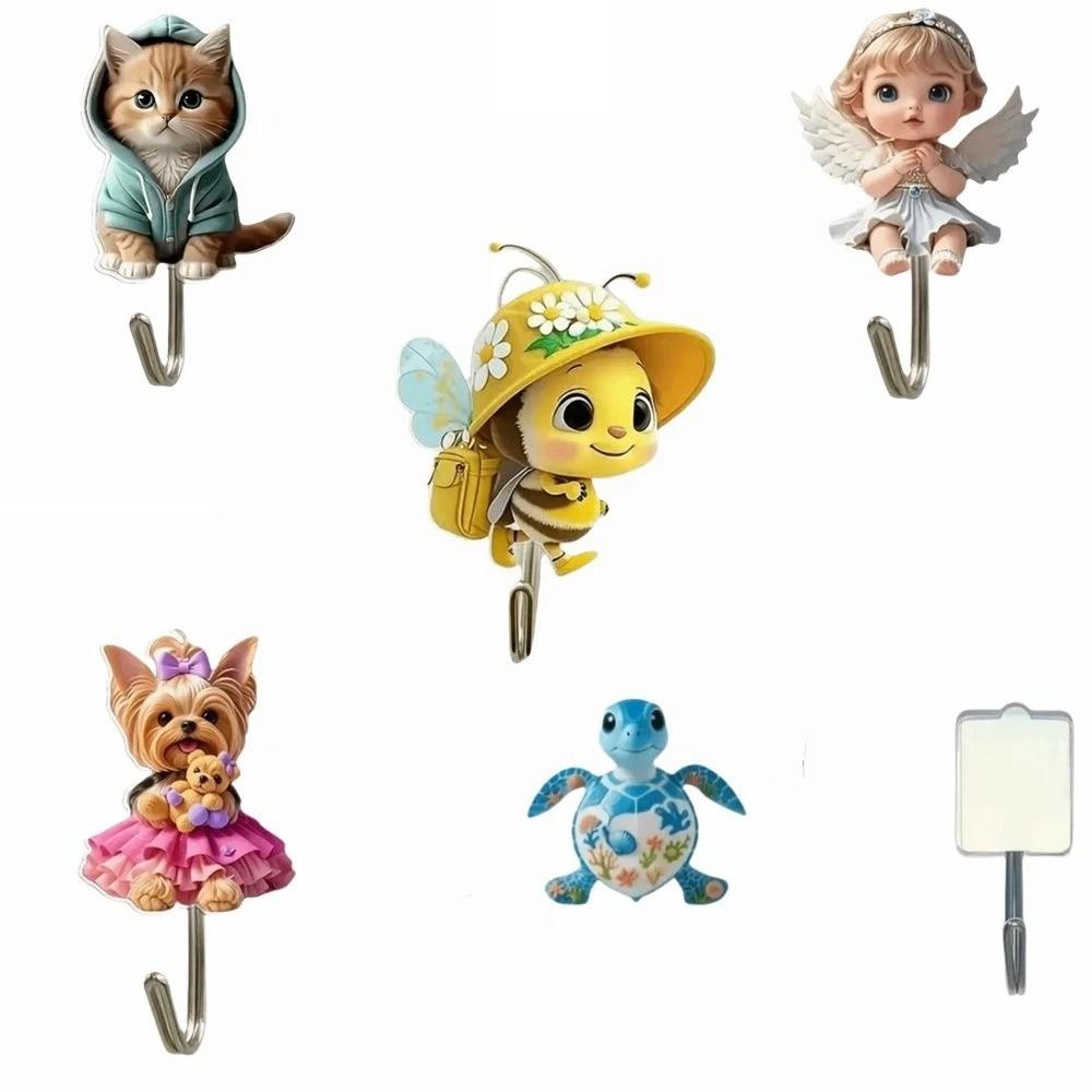 5 Pcs Cute Animal Decorative Wall Hooks 2D Flat Auxiliary Hook Sticky Coat Hook Wall Hanging