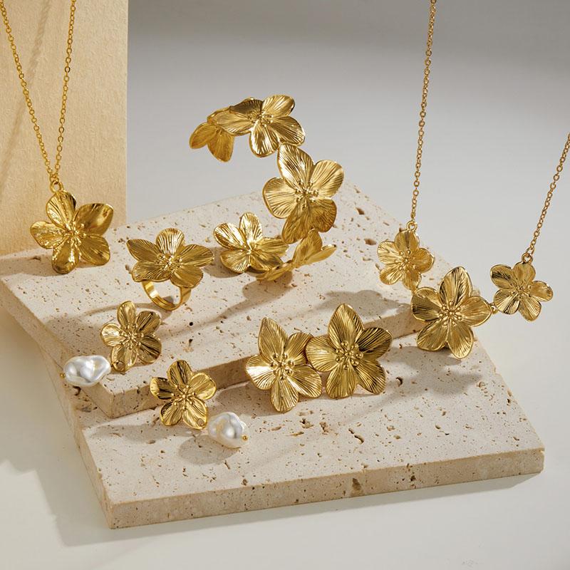 Fashion Vintage Flower Geometric Jewelry Sets For Women Necklace Bracelet Earrings Rings Pearl Gold Silver Color Female Jewelry