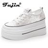 Fujin 8.5cm High Brand Sunthetic Summer Casual Shoes Platform Wedge Flats Bling Leather Fashion Mesh Chunky Sneaker Hollow Comfy