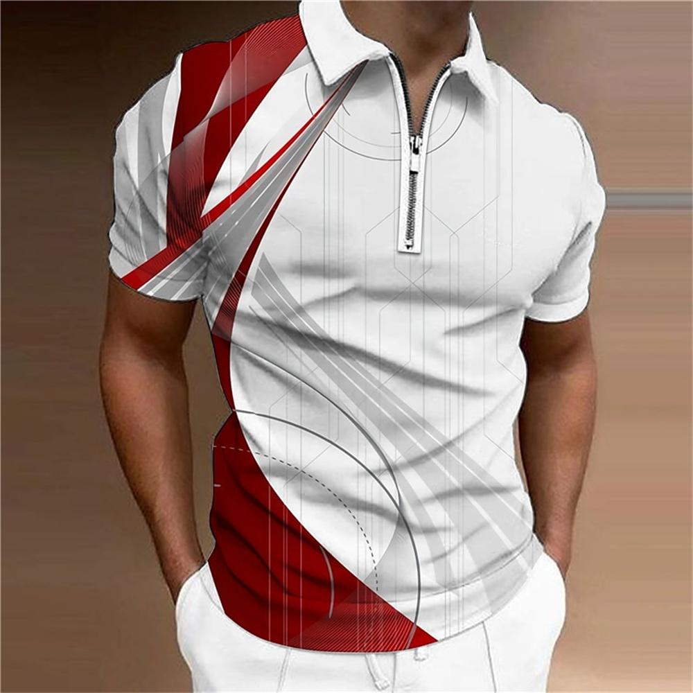 Men's Colorful Striped Printed T-shirt, Zipper, Men's Casual Top, Golf Clothing, Simple and Fashionable Polo, Summer