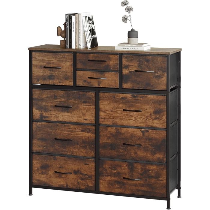 WOLTU Commode, Meuble à 10 Tiroirs en Tissu, Cadre en Métal, Plateau en Bois d'Ingénierie, Marron Rustique+Noir W0ITT0114