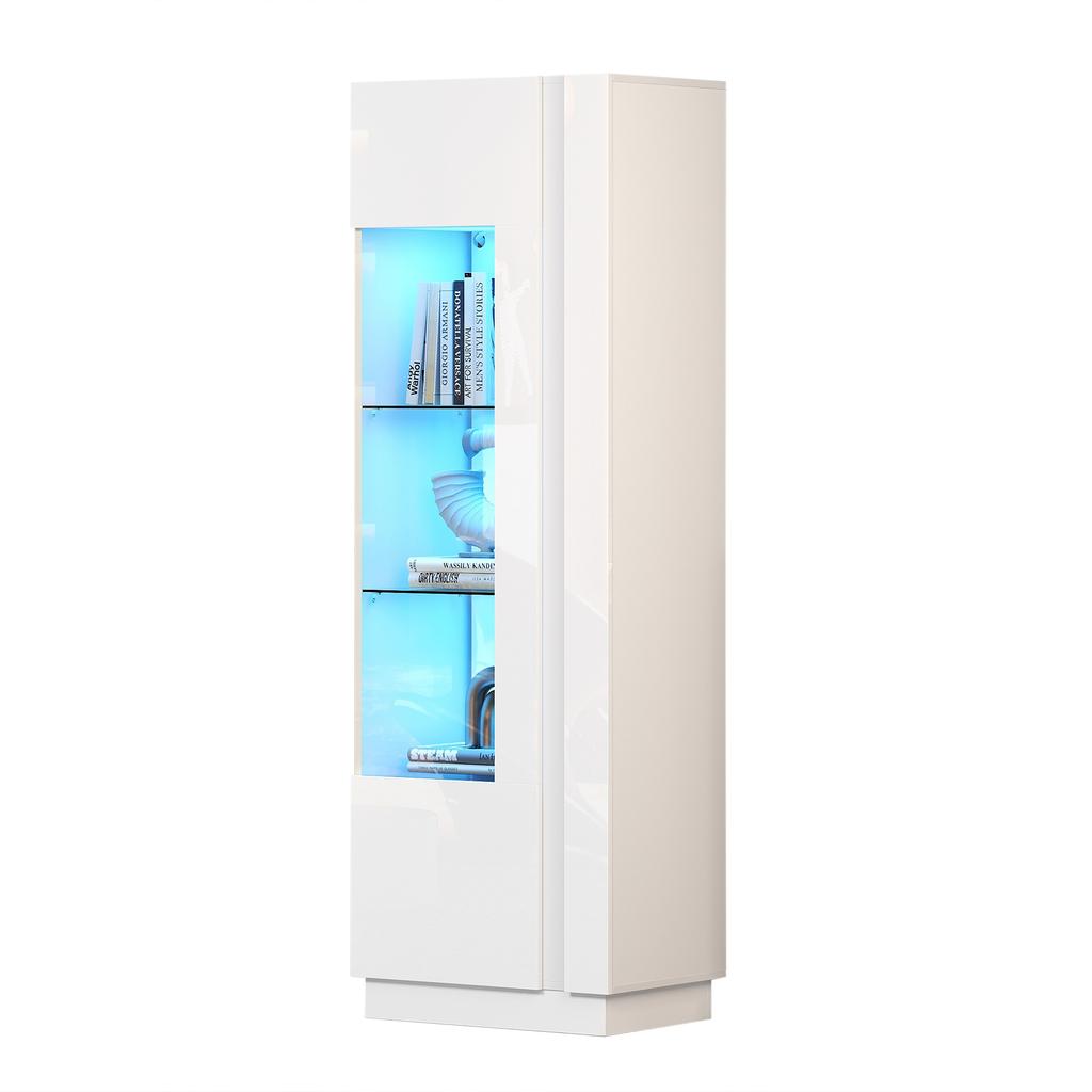 60*40*180cm Cabinet, Display Cabinet with Acrylic Door, High Gloss Storage Cabinet with LED Lighting, 3 Glass Shelves, White