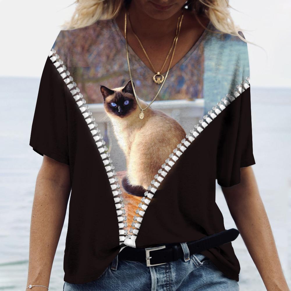 Футболка с 3D принтом кота, женские футболки большого размера с v-образным вырезом, топы, женские повседневные модные футболки с короткими рукавами, уличная одежда, женская одежда Y2k