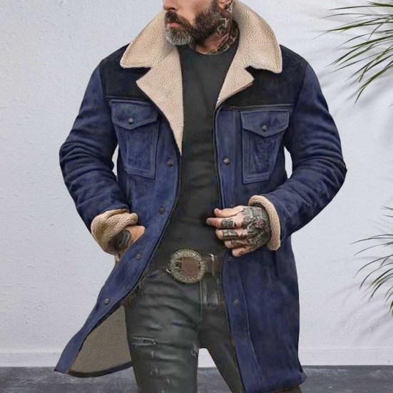 Men Jacket Large Plush Lapel Long Sleeve Vintage Suede Jacket with Pockets Zipper Up Mid-length Motorcycle Coat