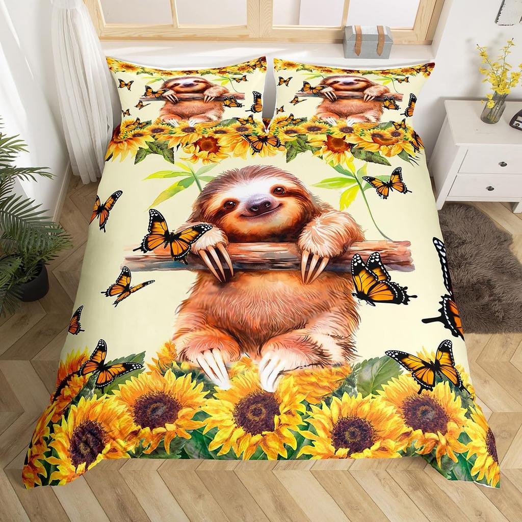 Cute Sloth Duvet Cover Watercolor Floral Bedding Set Lovely Jungle Animal Comforter Cover Twin King Kawaii Sloth Bedspread Cover
