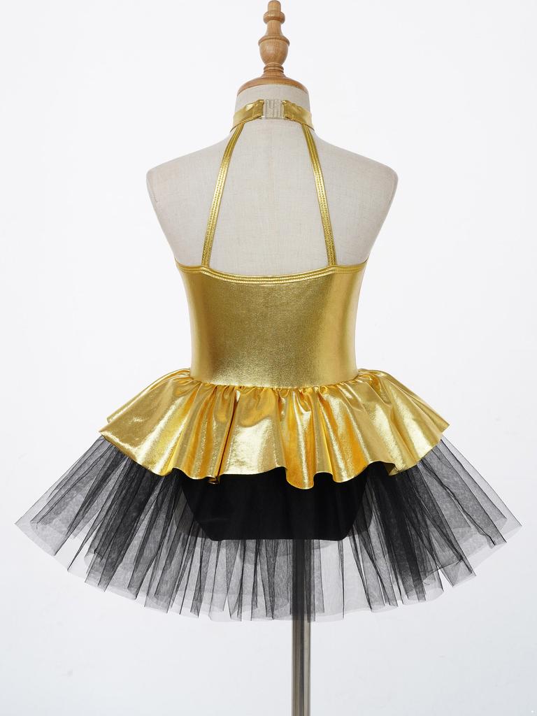 Детское танцевальное платье для девочек без рукавов с круглым вырезом, сверкающими пайетками, бантом, декорированными бретельками, открытой спиной, сетчатой пачкой