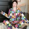 Spring and Autumn Ladies Korean Pajamas Homewear Suit Girl Sense of Colorful Plaid Pajamas Female Ice Silk Cartoon Homewear