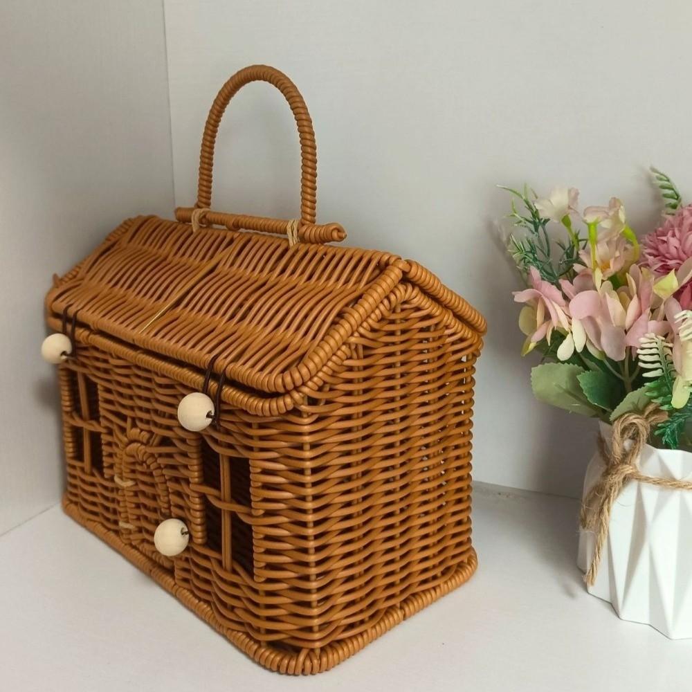 With Handle Rattan Picnic Basket House Shaped Clutter Organizer Desktop Organizer  Picnic Supplies