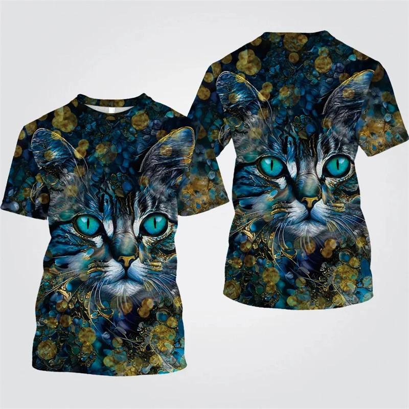 Цветная футболка с рисунком кота для мужчин Футболки с 3D-принтом животных Летние повседневные модные свободные футболки с круглым вырезом большого размера Топы