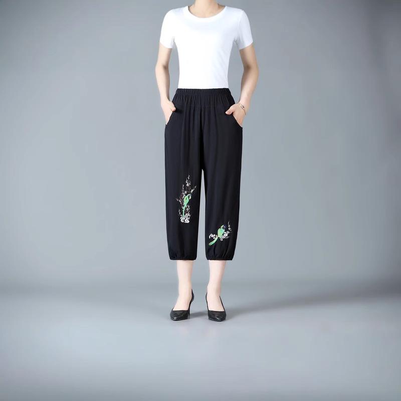 Летние вышитые хлопково-льняные брюки для мамы - Дышащие, повседневного кроя для женщин
