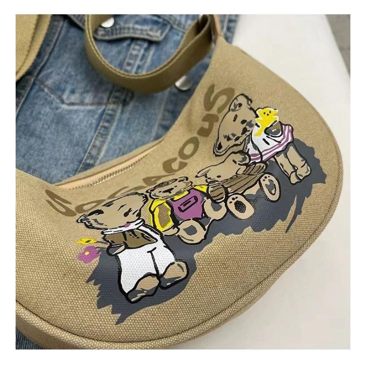 Shoulder Bag for Women Cartoon Bear Pattern Saddle Bag Fashionable Girl Canvas Dumpling Bag