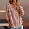 Женская повседневная рубашка-henley из смешанного льна с пуговицами, рукав три четверти, легкий свободный топ для повседневной носки