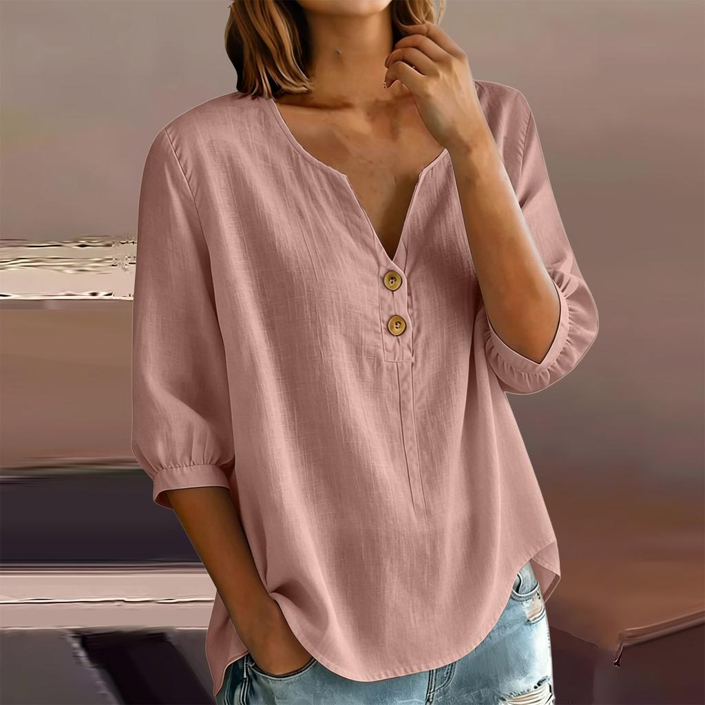 Женская повседневная рубашка-henley из смешанного льна с пуговицами, рукав три четверти, легкий свободный топ для повседневной носки