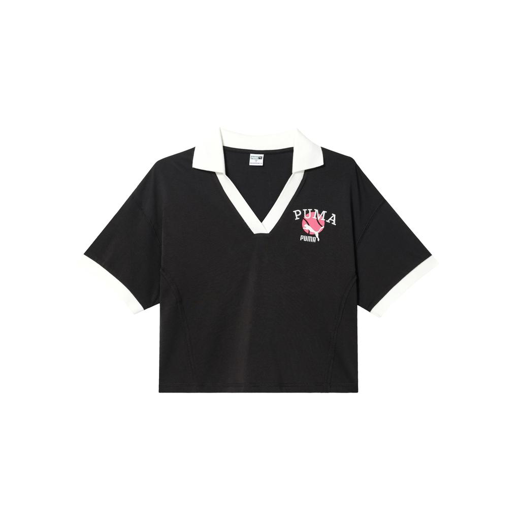 Puma Letter Print Breathable Short Sleeve Polo Shirt Women tops Black 622971-01